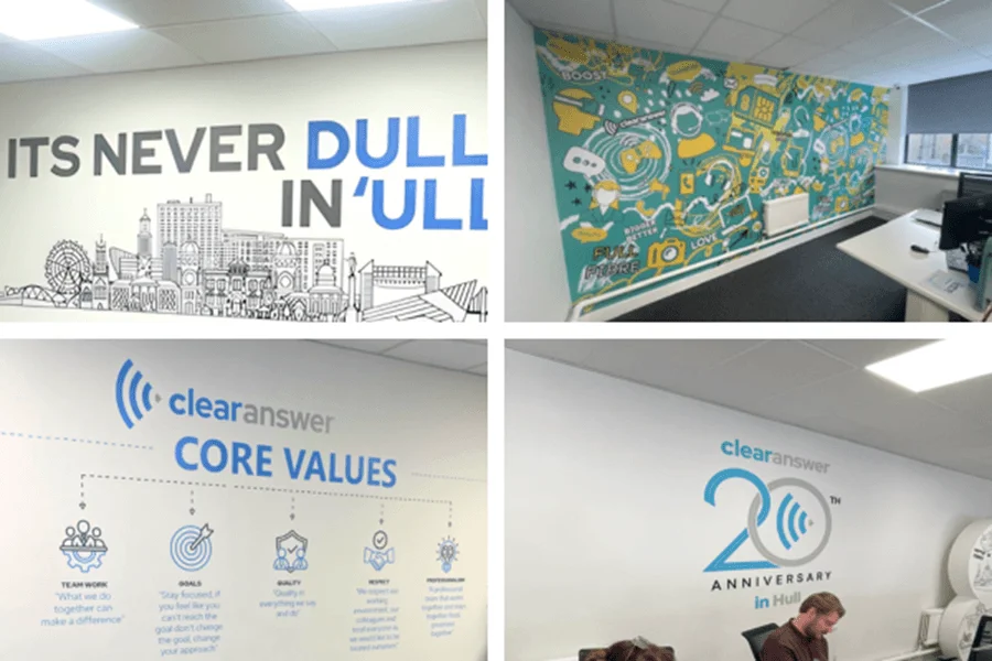 A collage of the different interior Hull signage for an office space.